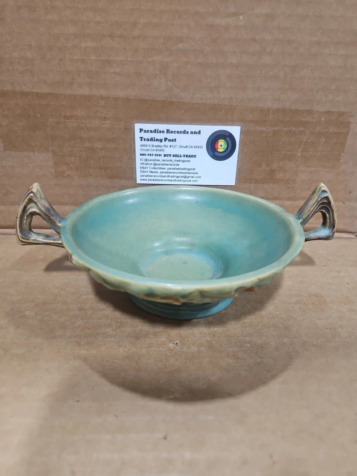 1940s Roseville Art Pottery Blue Bushberry Footed Bowl w/ Two Handles 412-6"