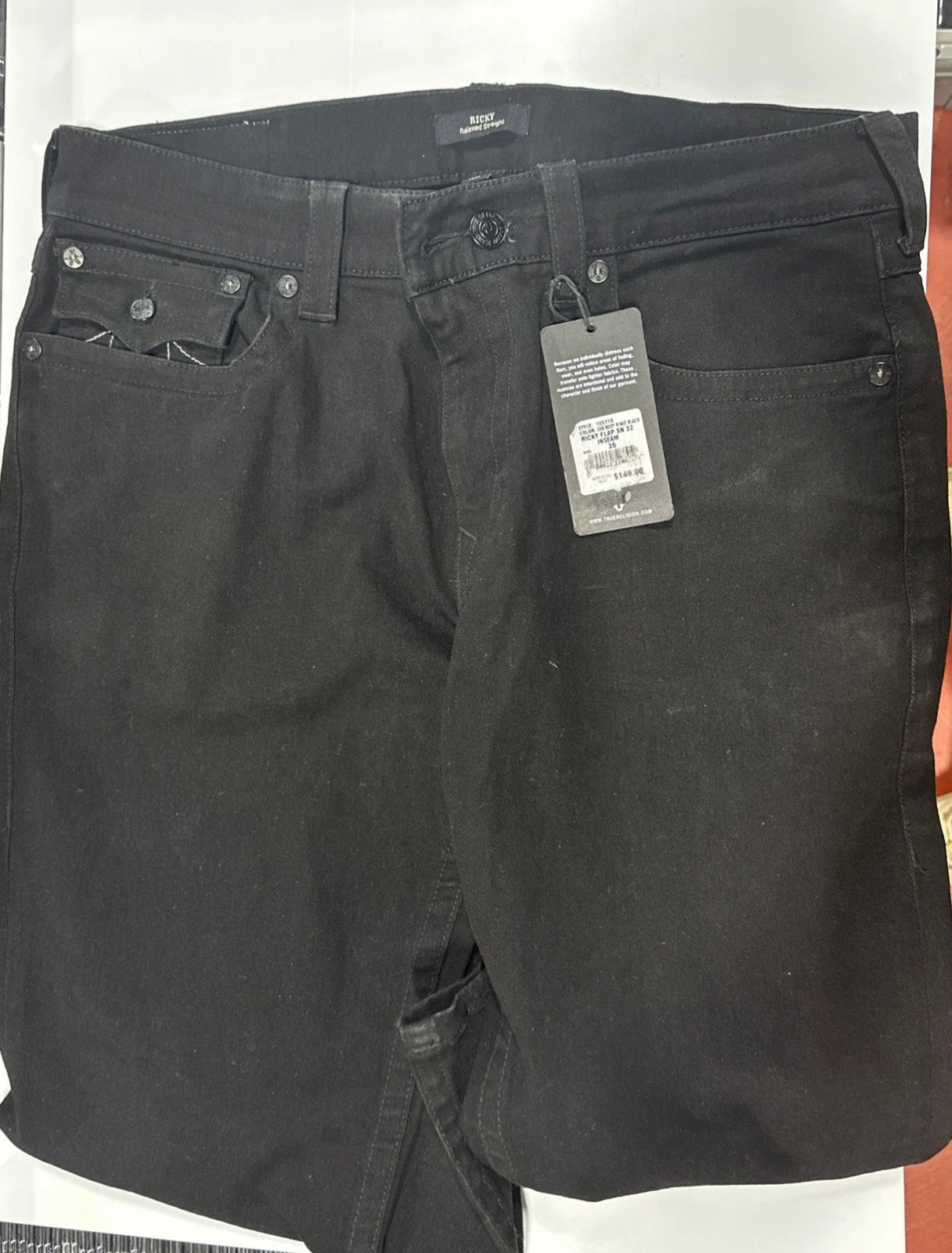 True Religion Jeans Mens size 36x32 Ricky Flap SN Relaxed Straight Black Denim