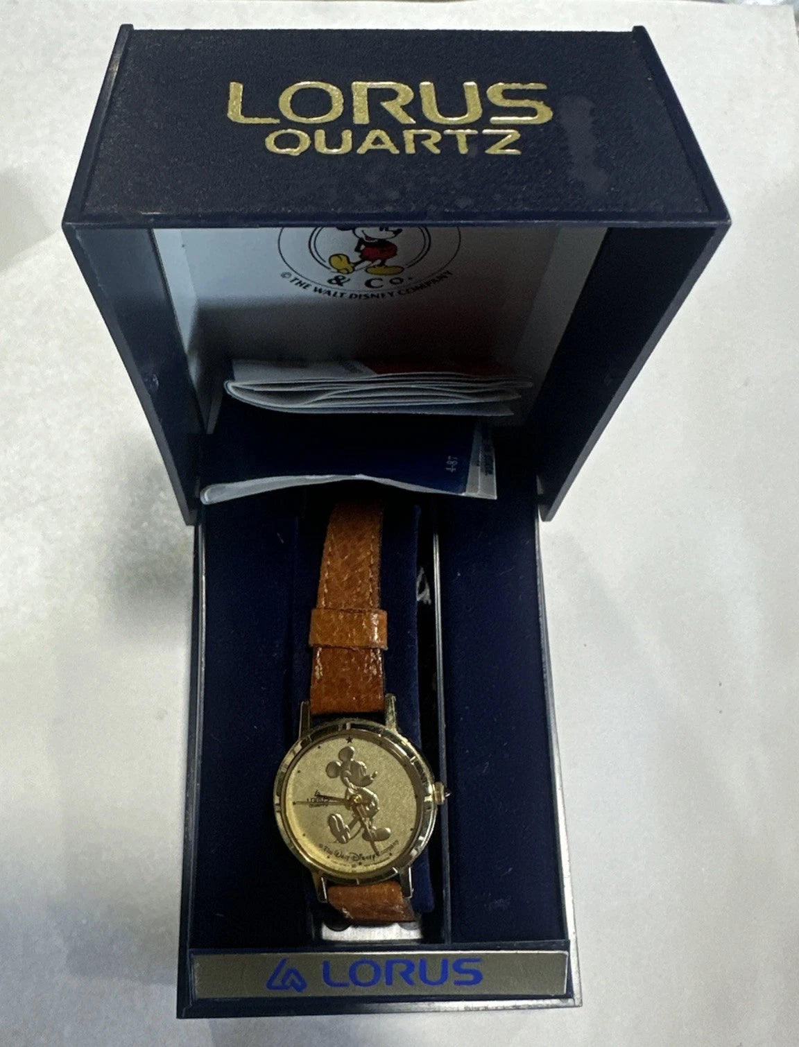 Womens Lorus Leather Strap Gold Face Disney Mickey Mouse Quartz Watch In Box