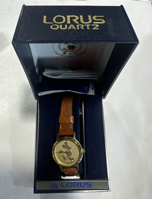 Womens Lorus Leather Strap Gold Face Disney Mickey Mouse Quartz Watch In Box