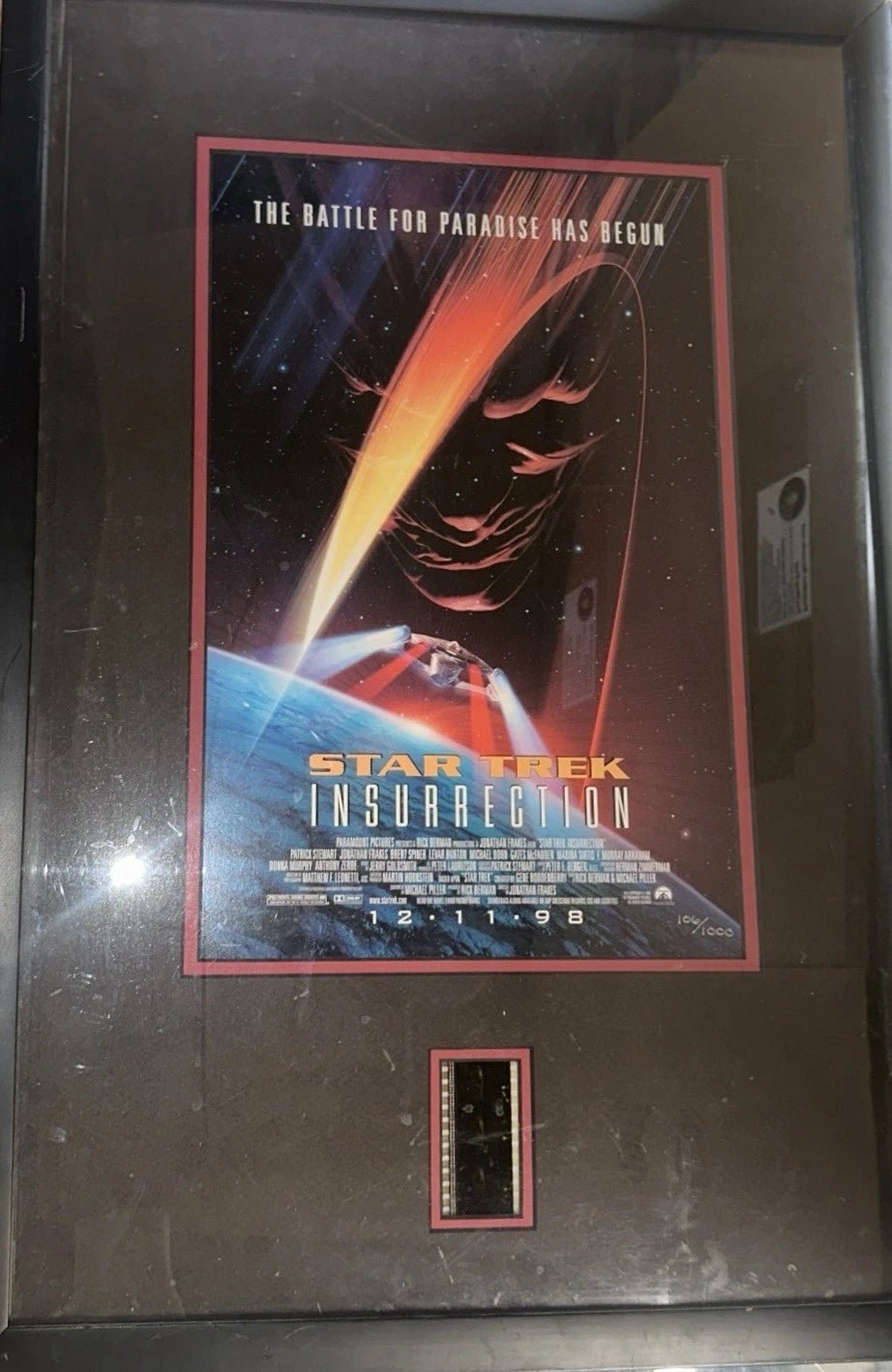 Star Trek Insurrection Limited Edition Framed Poster With Real 35MM Cell COA