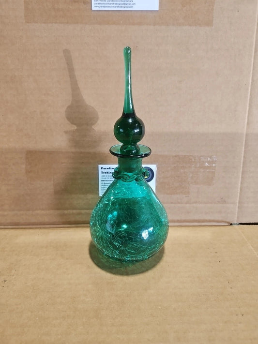 Green Crackle Art Glass Decanter With Stopper Vintage Rare