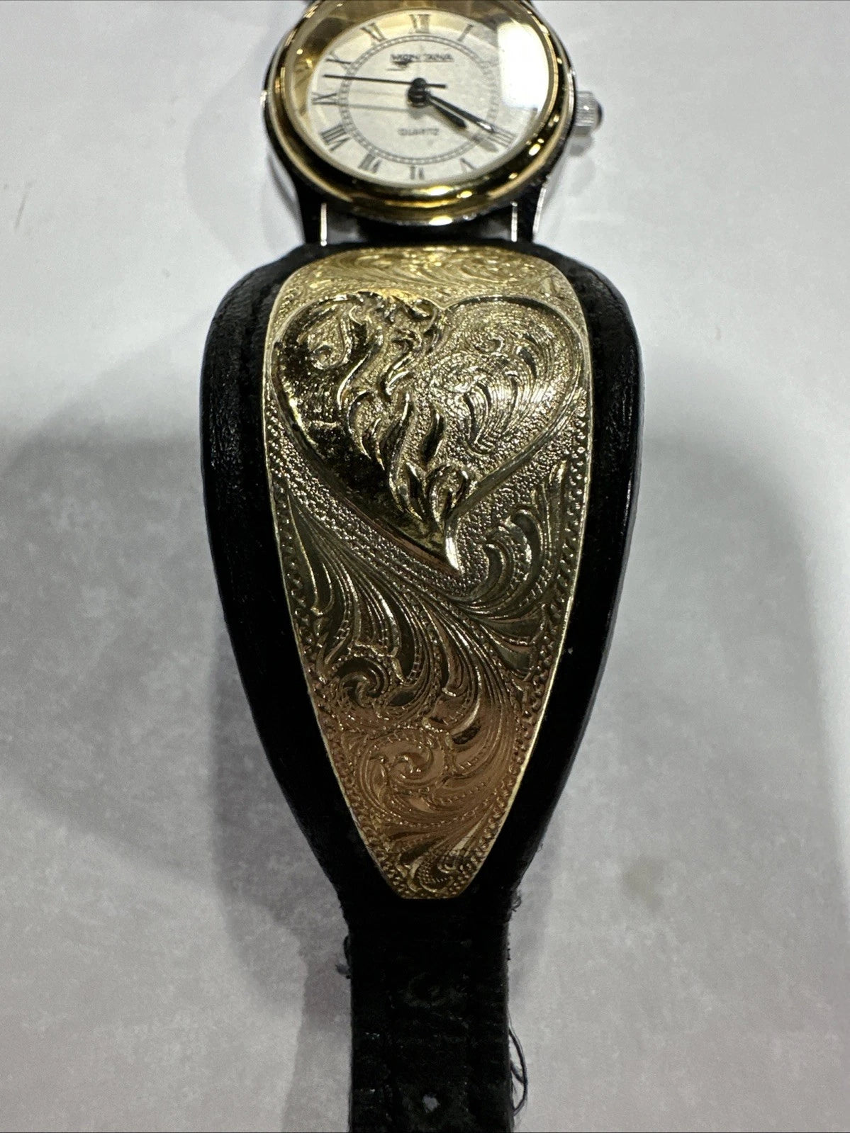 Montana Silversmiths Watch Aztec Silver Gold Black Leather Needs Battery