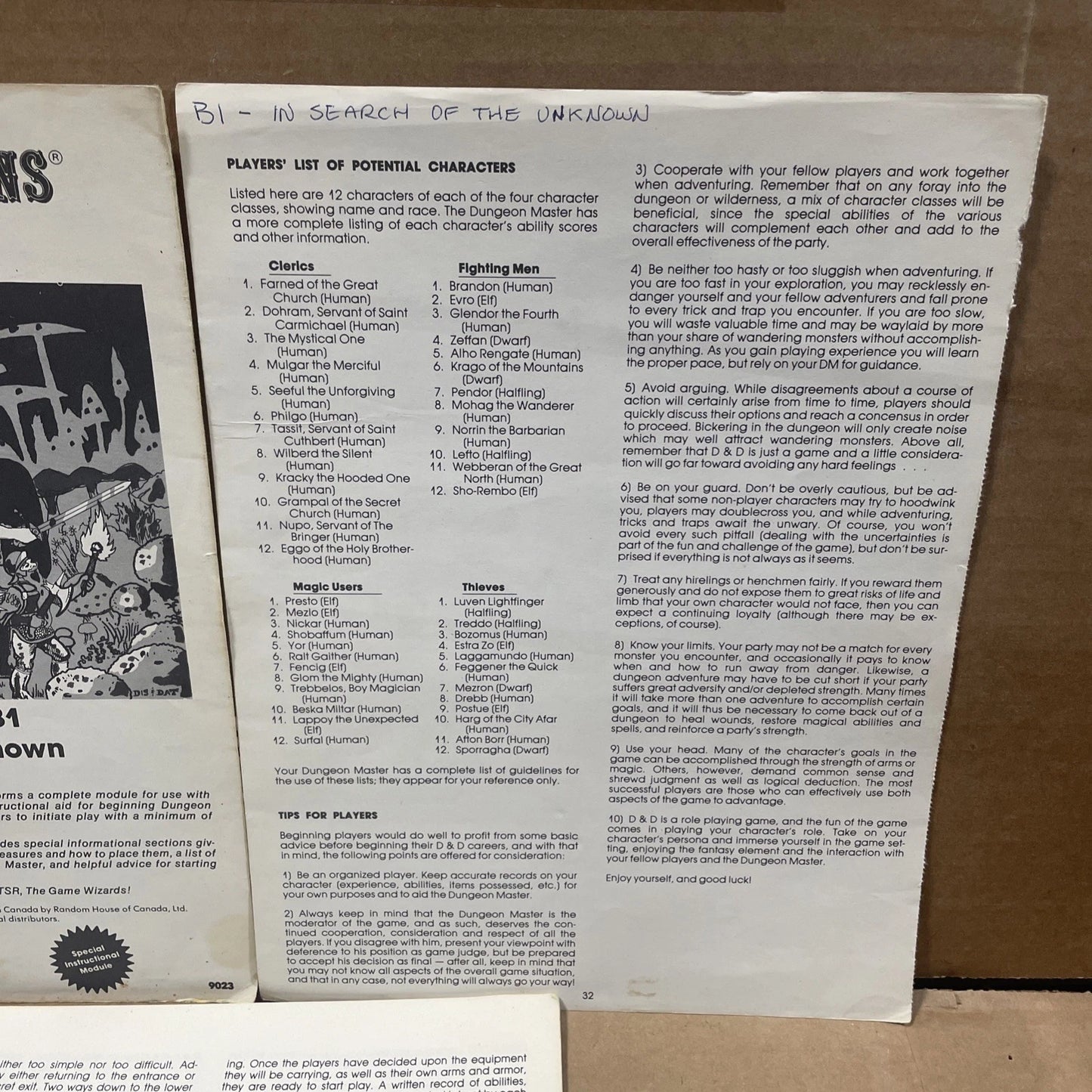 B1 In Search of the Unknown 9023 Advanced D&D Dungeons and Dragons 1st Run 1979