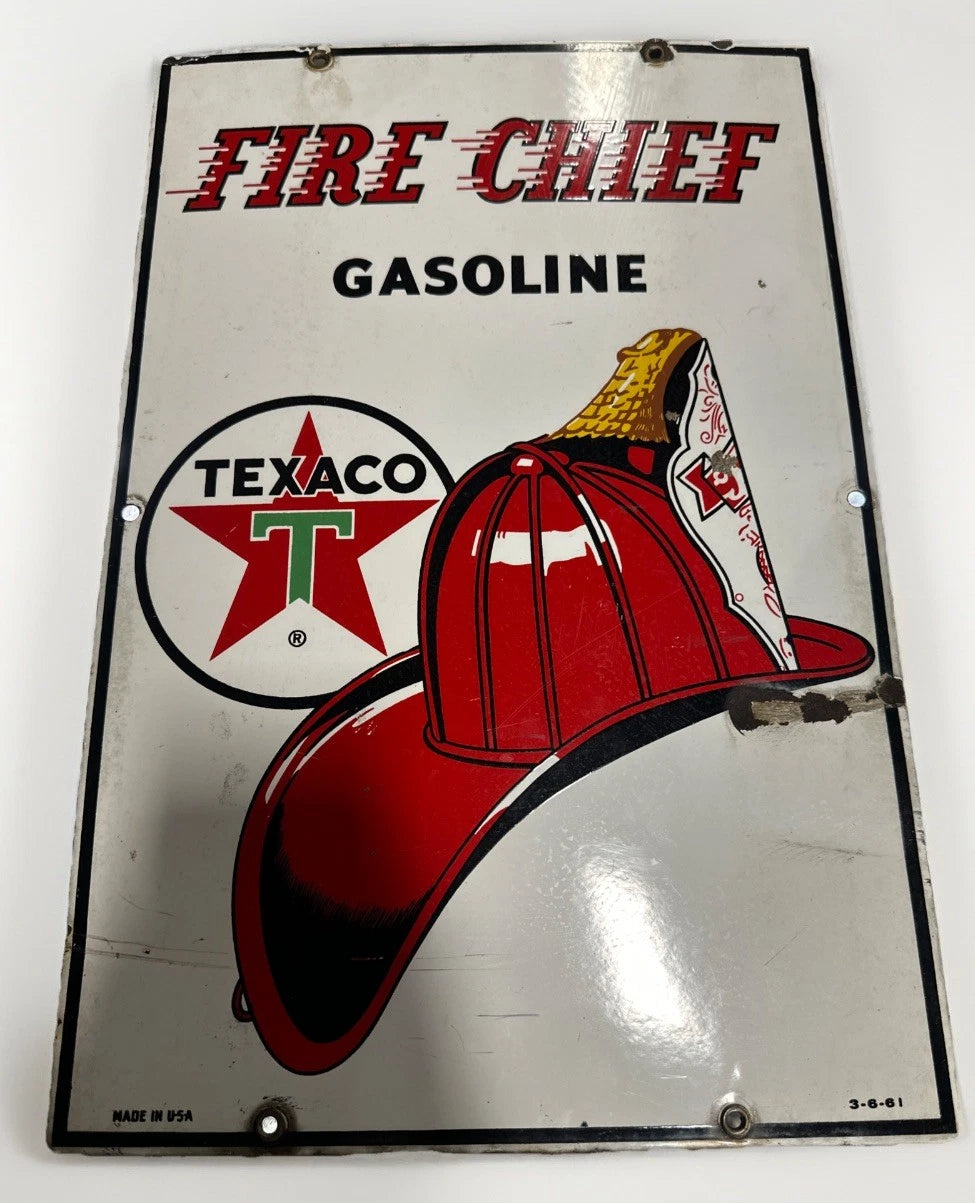 Vintage 1948 TEXACO FIRE CHIEF GASOLINE Gas Pump Sign Porcelain 3-6-61 as shown