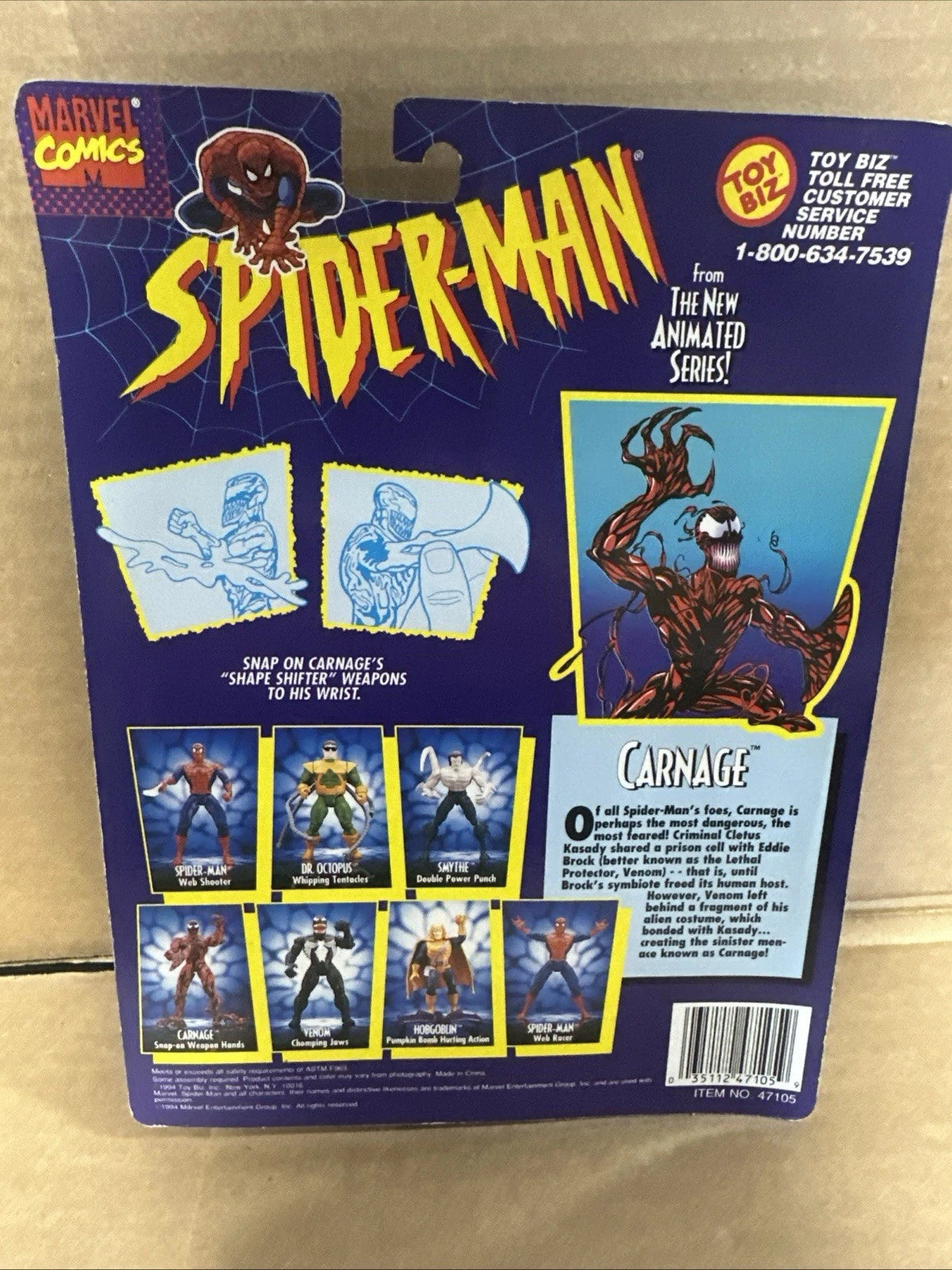 1994 Toy Biz Carnage 5" Action Figure With "Shape Shifter" Weapons