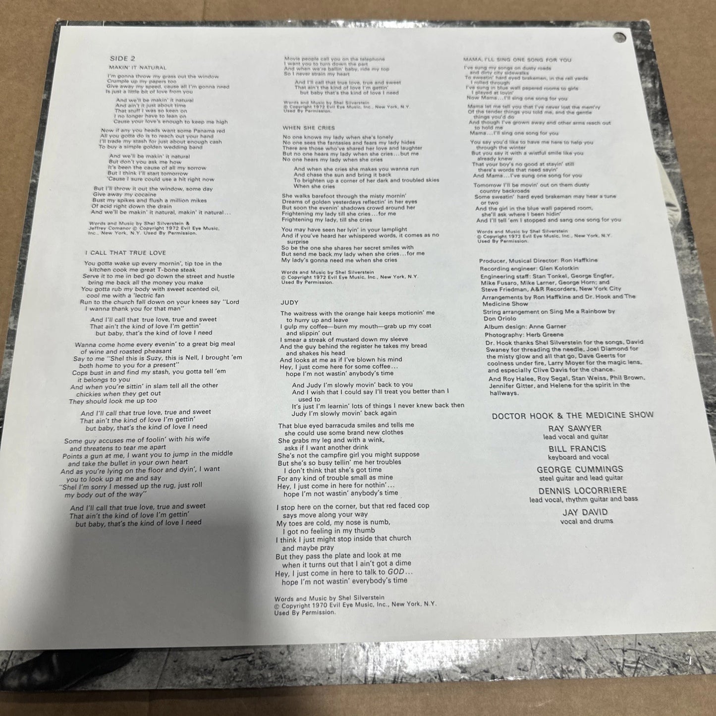 DR HOOK AND THE MEDICINE SHOW 1972 Vinyl LP Lyric Sheet on inlay C 30898