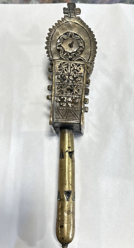 Antique Victorian Bronze Toned Metal Rattle 10 Inch