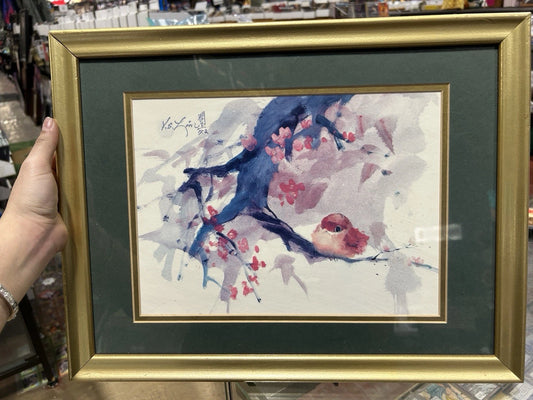 FRAMED WATER COLOR PRINT OF BIRD SITTING ON CHERRY BLOSSOM TREE SIGNED
