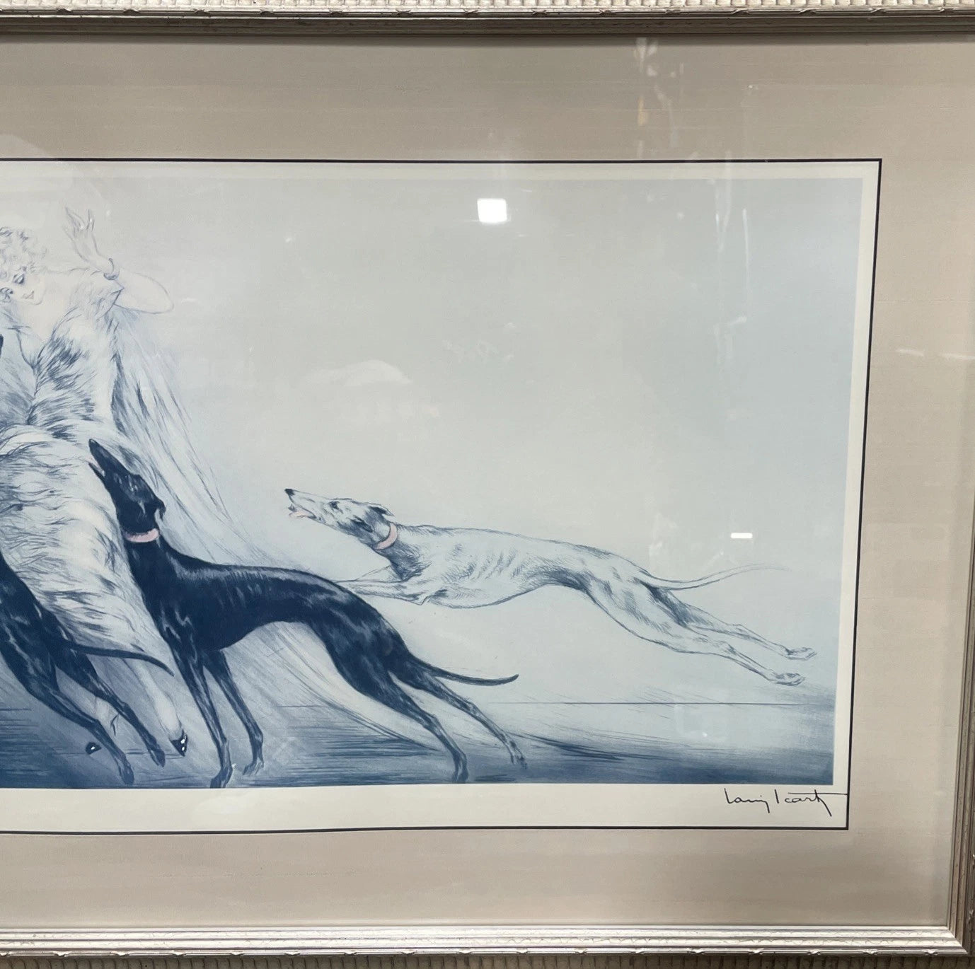Vintage Louis Icart Coursing II Lithograph Print French Art Deco Dogs Framed