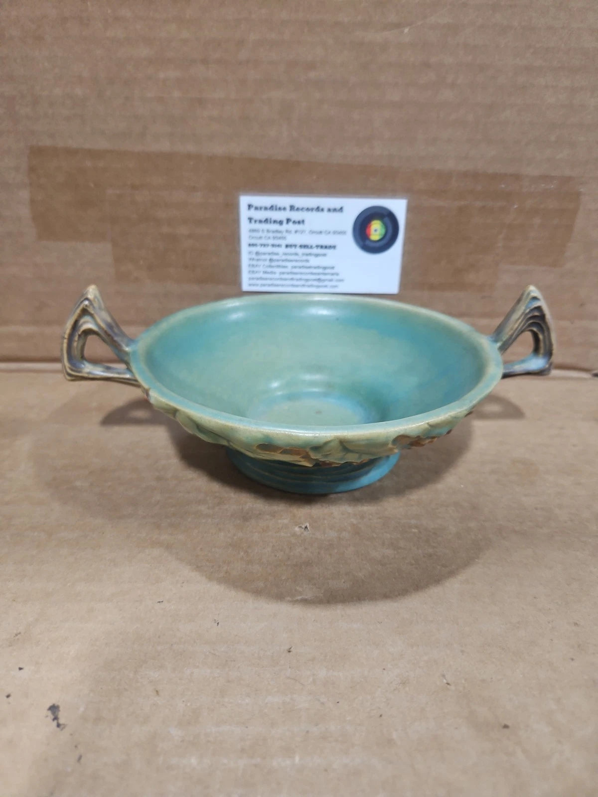 1940s Roseville Art Pottery Blue Bushberry Footed Bowl w/ Two Handles 412-6"