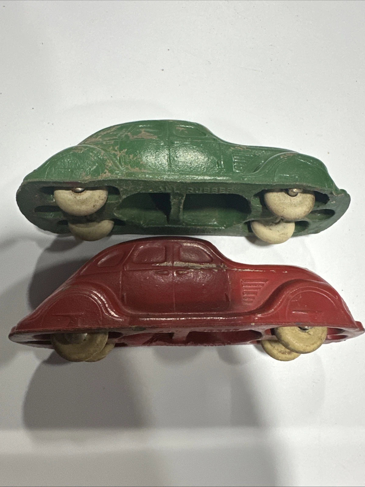 Vintage Red & Green Rubber Chrysler Airflow Car White Rubber Wheels 4” Barberton