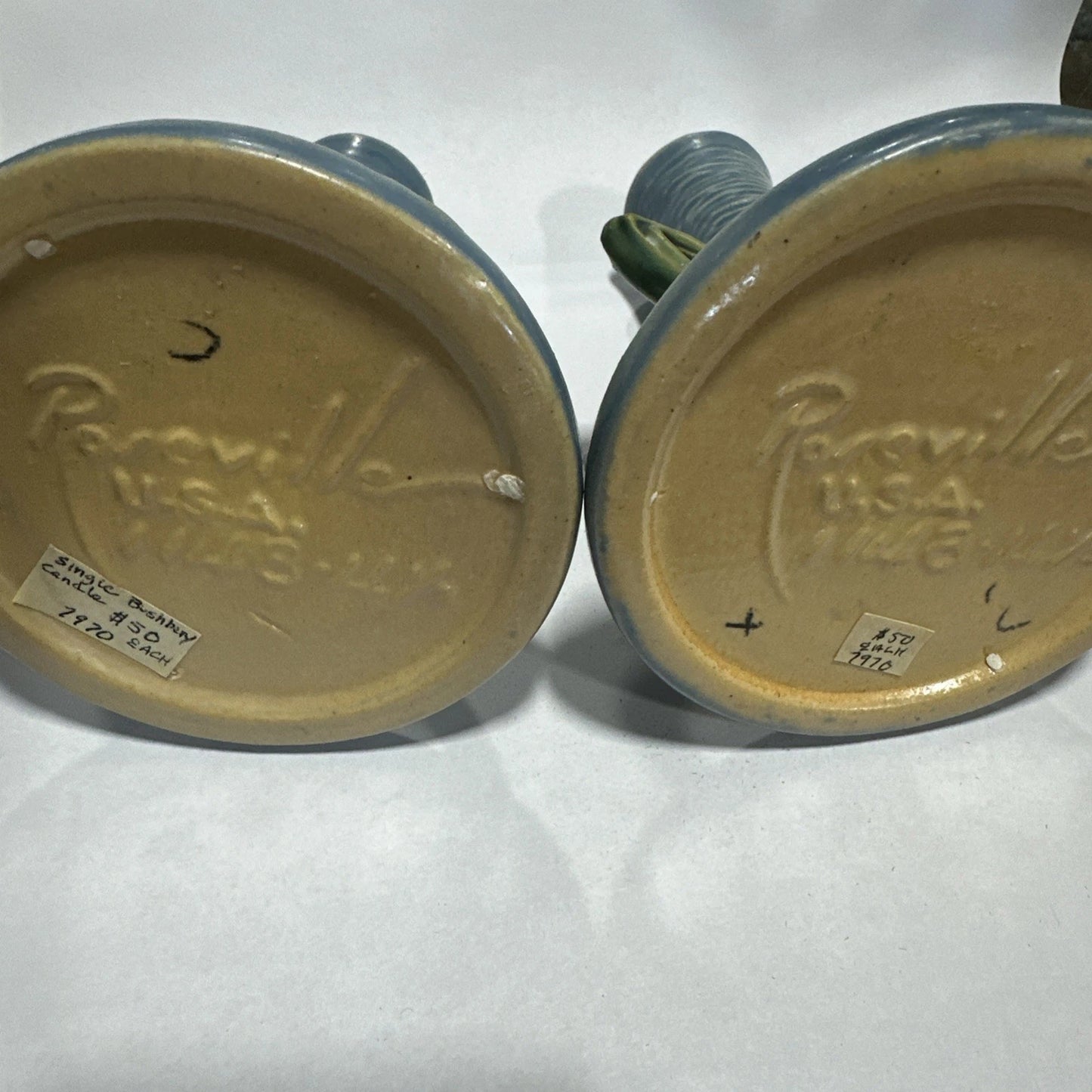 Old Roseville pottery Apple Blossom blue pr candlestick holders 352-4 1/2