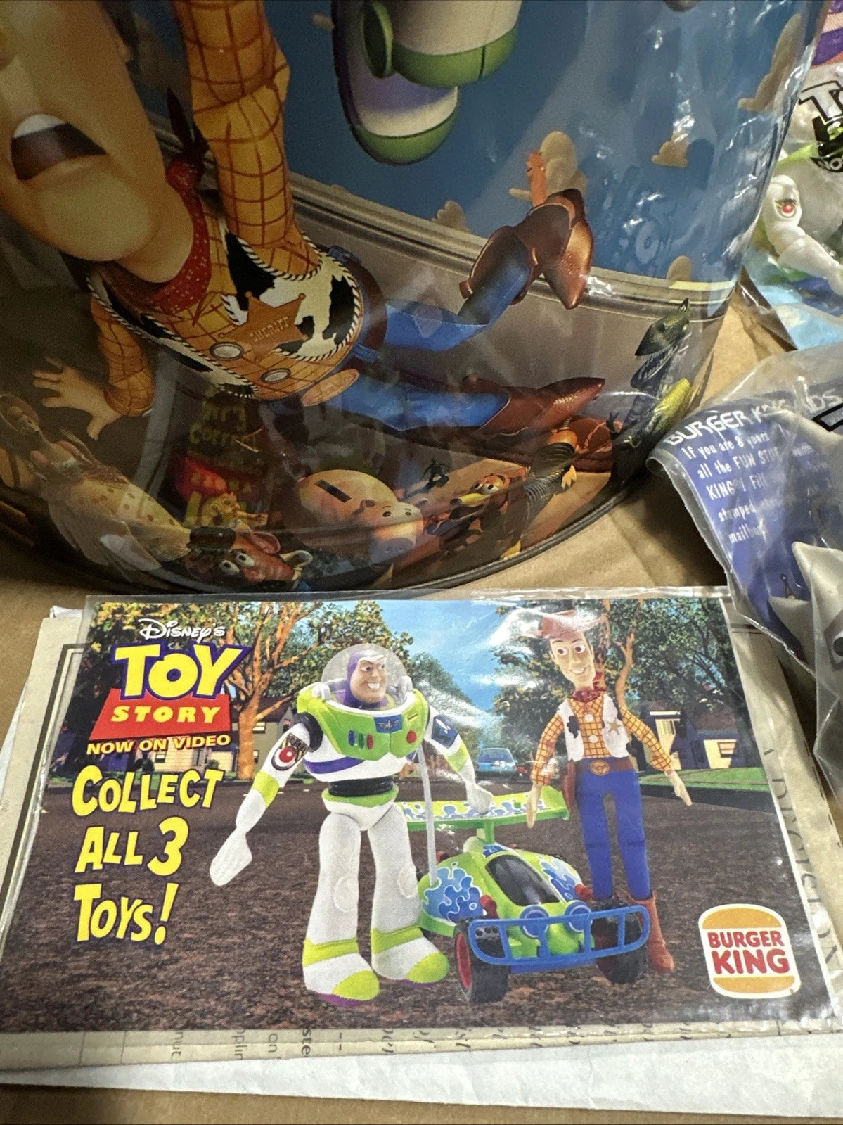 Vintage Disney Pixar Toy Lot - Large 11.5" Toy Story Tin w/ Various Collectibles