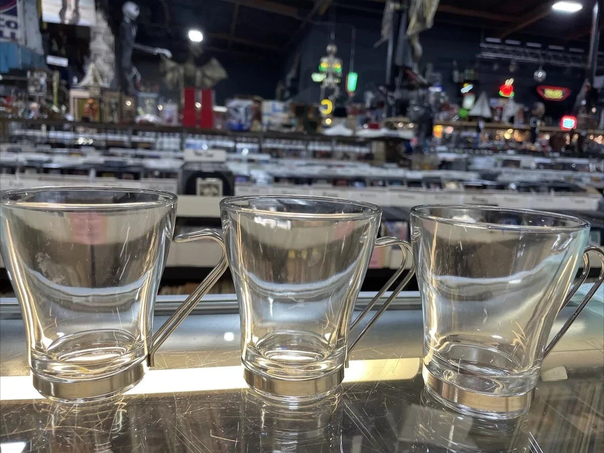 Set Of 3 Bormilio Rocco Cappuccino Clear Glass Mug w/ Stainless Steel Handle