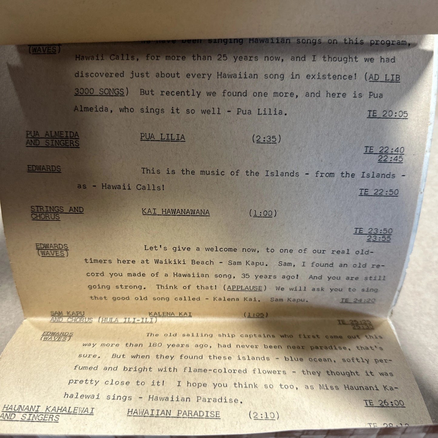 Hawaii Calls Personal Script of the Famous Broadcast. On the Beach at Waikiki Si