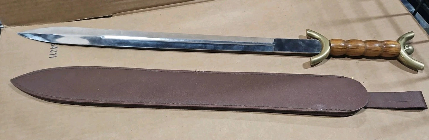 31″ Celtic War Sword With Leather Sheath Stainless Steel Blade Wooden Handle