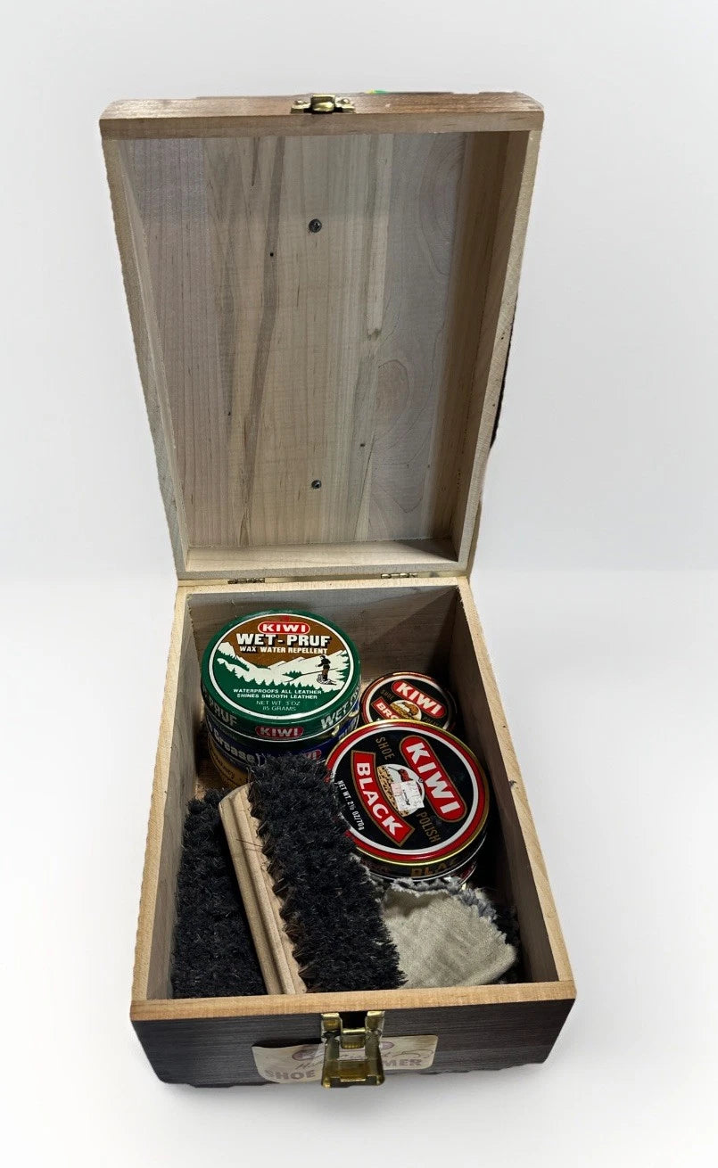 Vintage Kiwi Hand Crafted Shoe Groomer Wooden Shoe Shine Box w/2 brushes Polish.