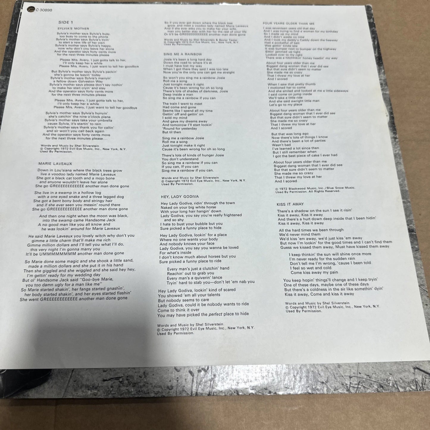 DR HOOK AND THE MEDICINE SHOW 1972 Vinyl LP Lyric Sheet on inlay C 30898