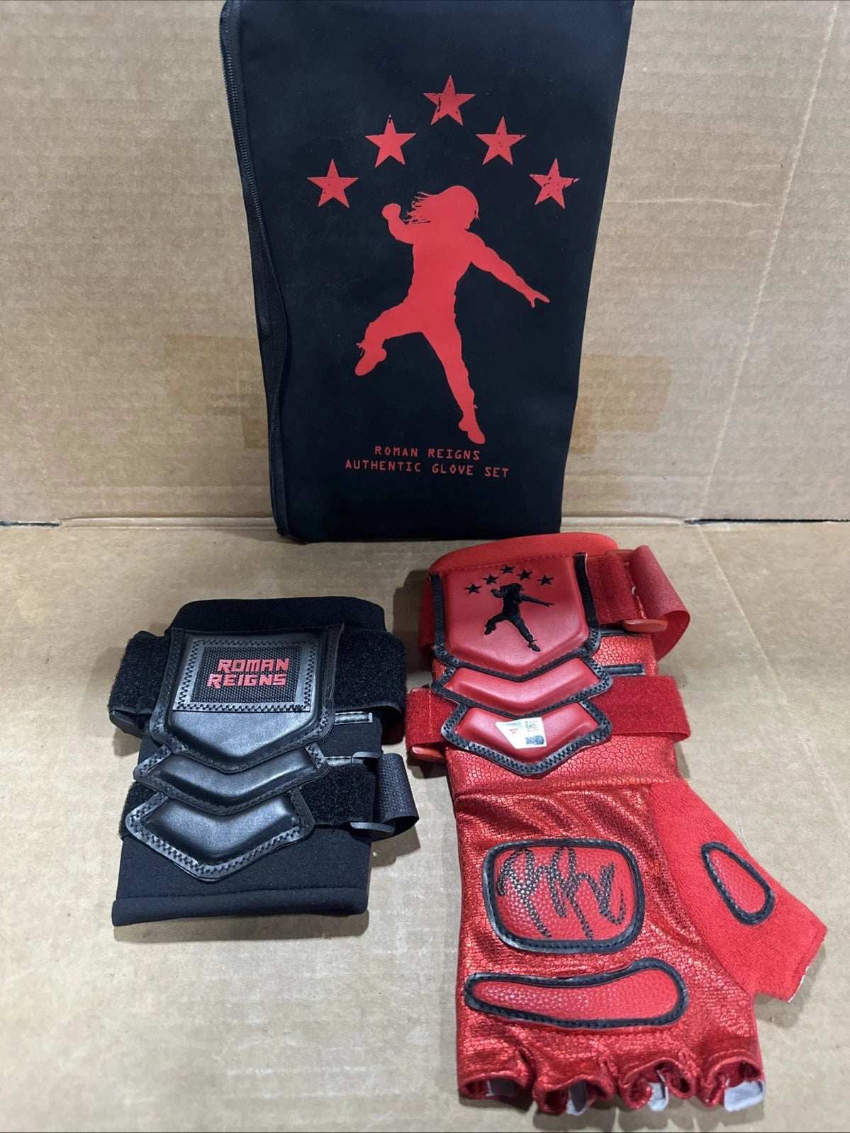 WWE Roman Reigns Red & Black Wrestling Gloves Autographed Fanatics Authentic