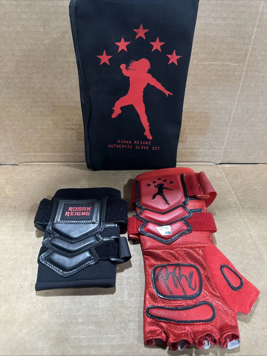 WWE Roman Reigns Red & Black Wrestling Gloves Autographed Fanatics Authentic