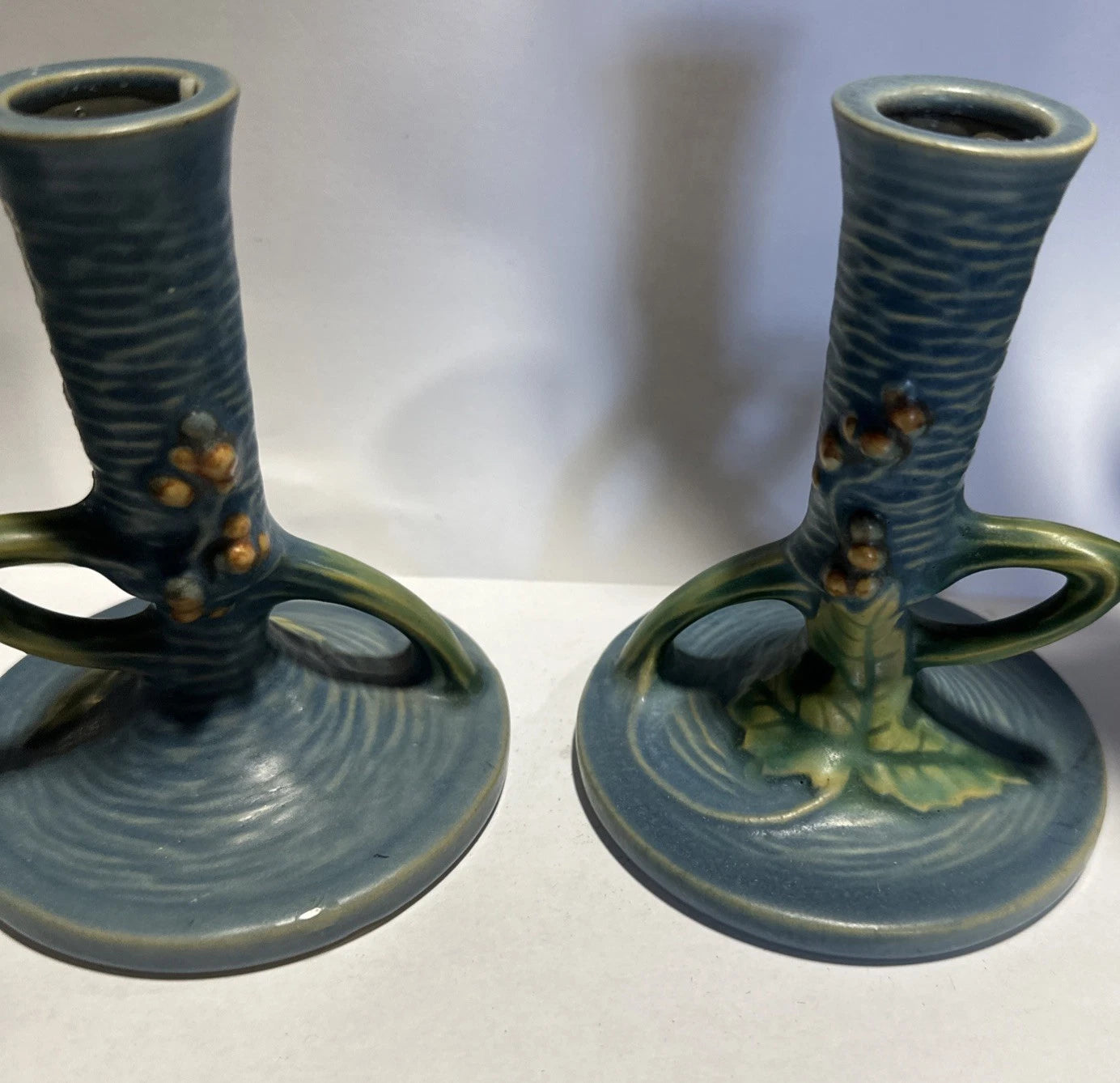 Old Roseville pottery Apple Blossom blue pr candlestick holders 352-4 1/2