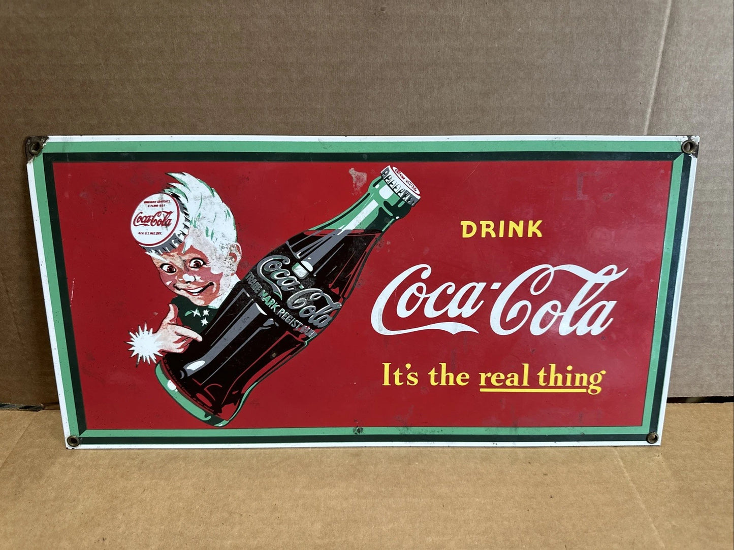 16x8 in DRINK COCA-COLA SODA POP ADV. SIGN DIE CUT HEAVY METAL PORCELAIN - S 316