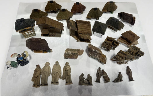 Vintage Clay Metal Miniature Japanese Cottages Figures Lot