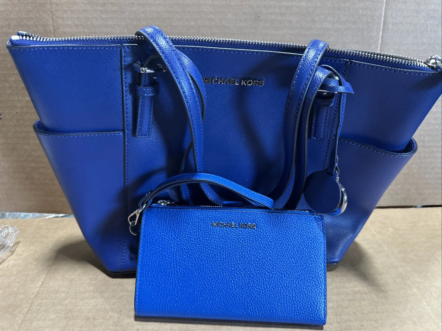 Michael Kors Jet Set Leather Tote Bag Blue With Blue Wristlet Vintage