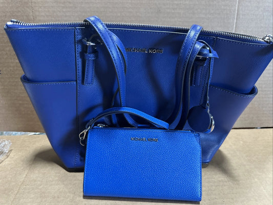 Michael Kors Jet Set Leather Tote Bag Blue With Blue Wristlet Vintage
