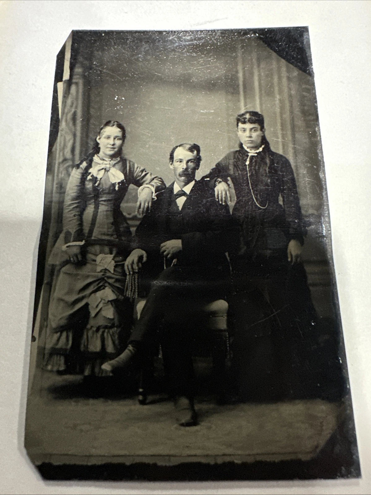 Antique Tintype Photo Of Family One Girl Smiling 2inch X 3 1/3inch