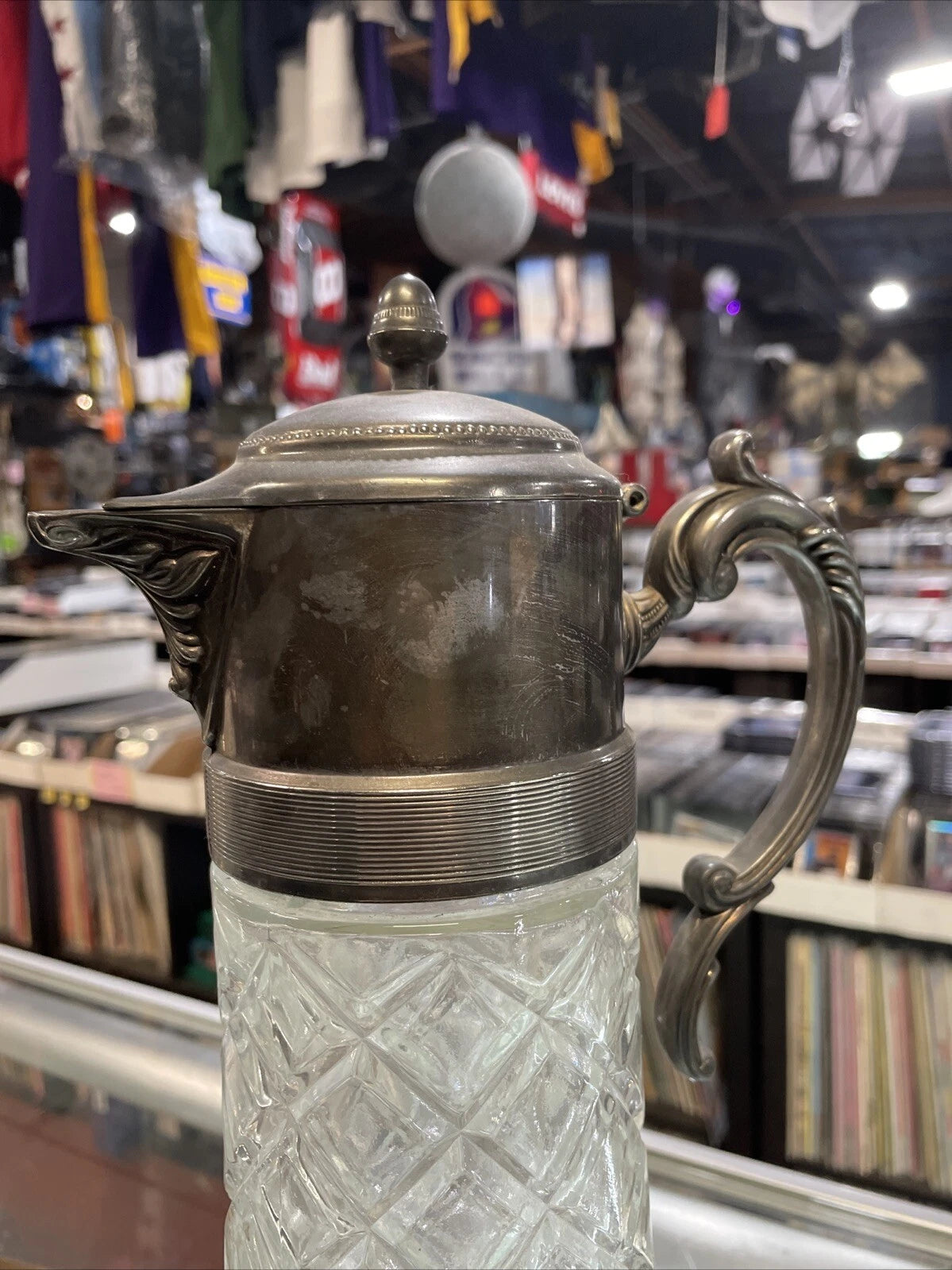 Vintage Tall Ewer Glass Silver Plate Decanter Pitcher + Ice Insert Carafe Italy