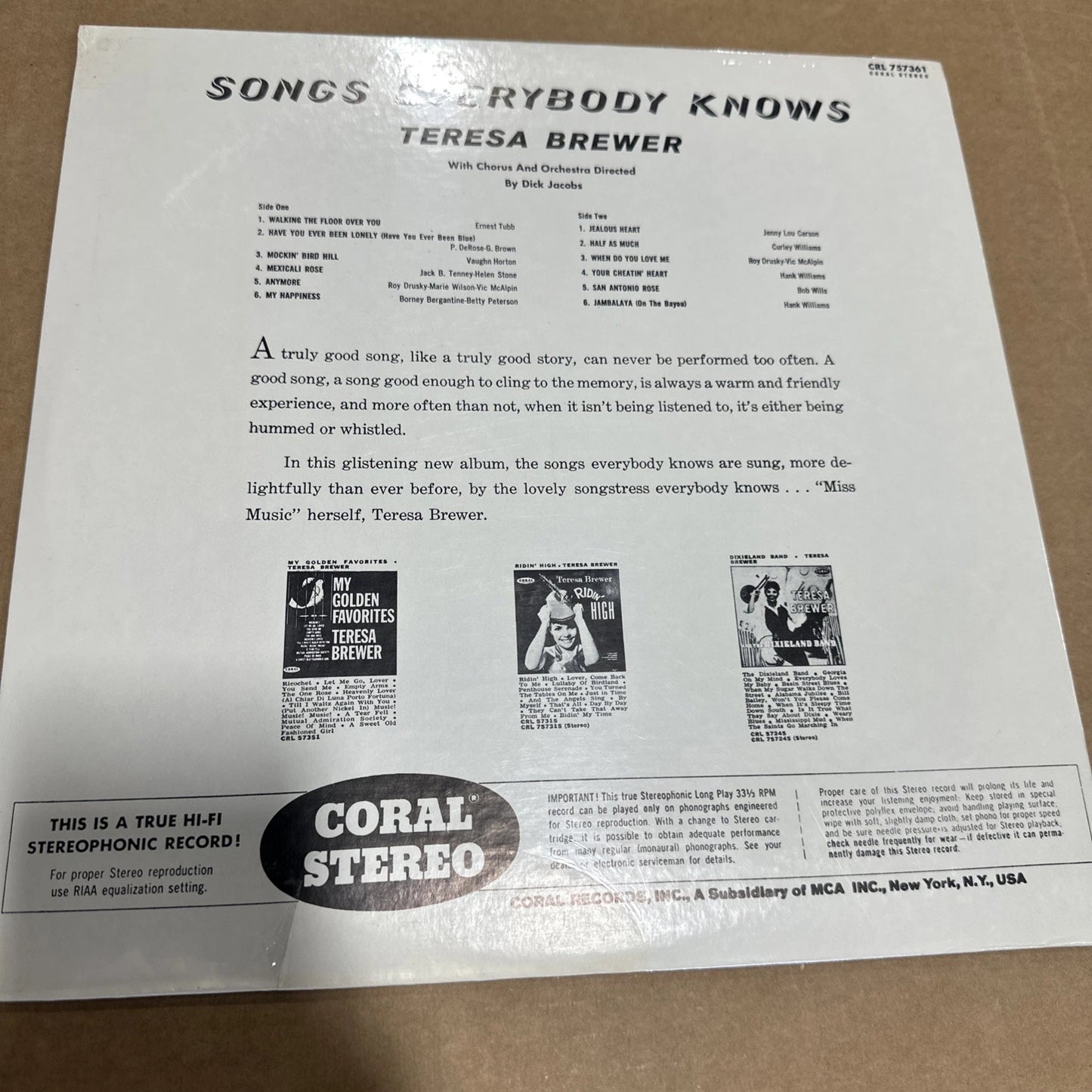 TERESA BREWER - “Songs Everybody Knows” 1961 Coral CRL 757361 Stereo new Sealed