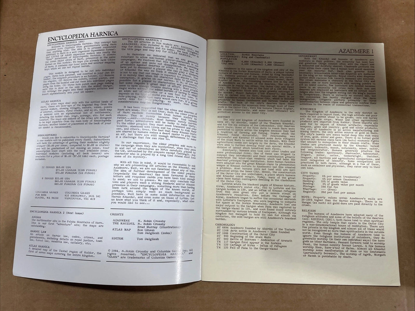 ENCYCLOPEDIA HARNICA #1, COLUMBIA GAMES, INC., #6001, AZADMERE, HARNWORLD,