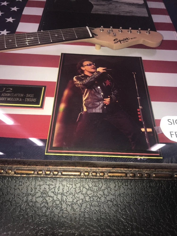 Signed U2 Joshua Tree Record W Squire Mini Guitar, Photo in Plexiglass Frame COA