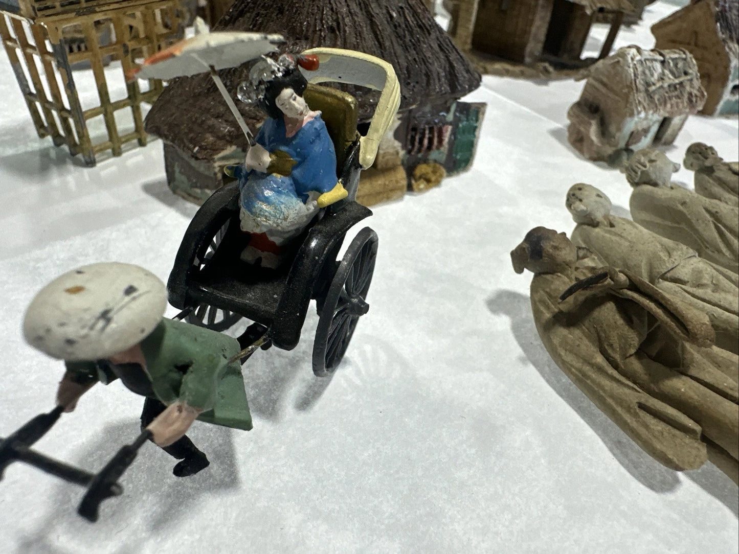 Vintage Clay Metal Miniature Japanese Cottages Figures Lot