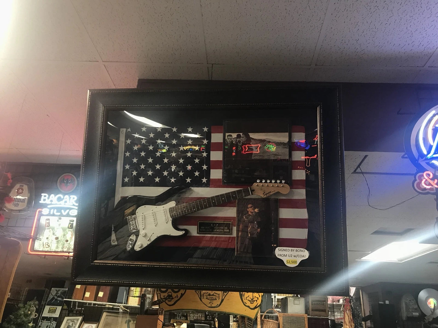 Signed U2 Joshua Tree Record W Squire Mini Guitar, Photo in Plexiglass Frame COA