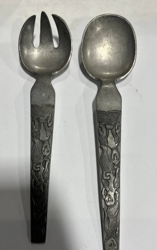 Vtg Stopt Tinn Norway Pewter Oseberg David Andersen Serving Spoons Viking Ship