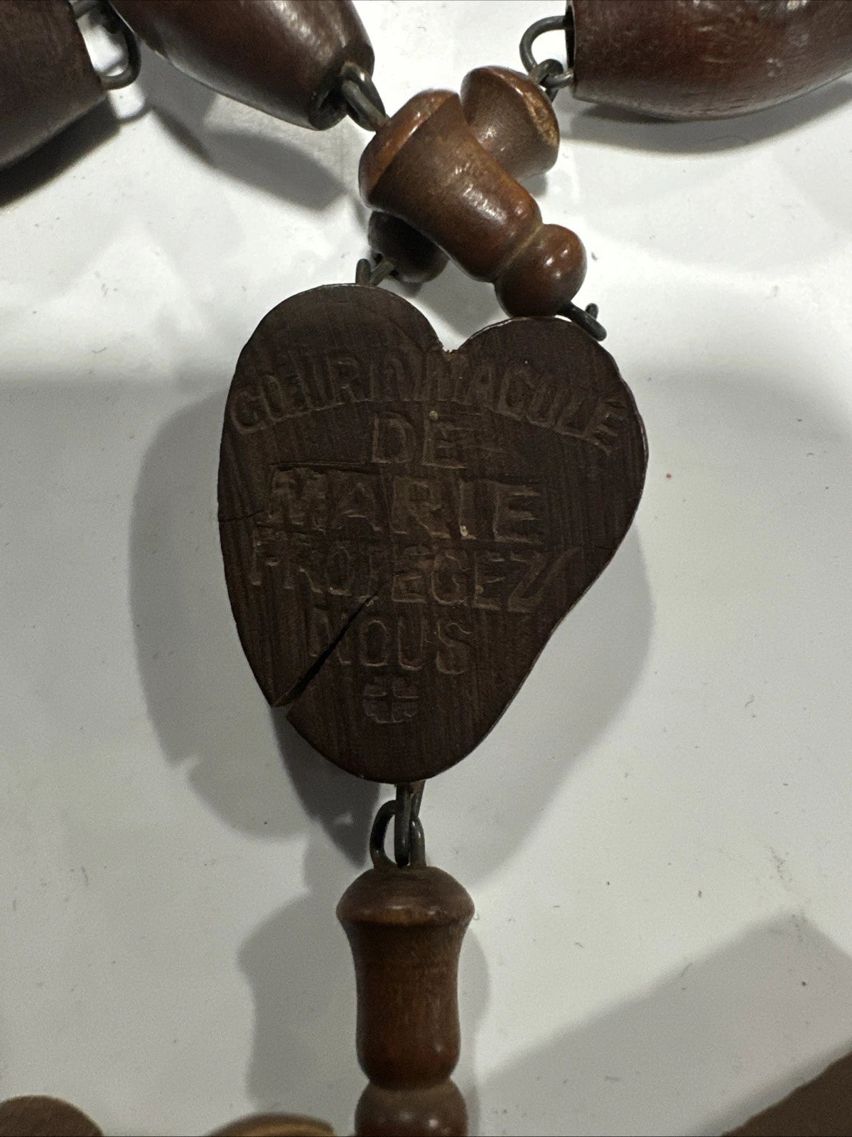 Vintage French Ste Anne de Beaupre Carved Wood Bead Rosary 57 Inch