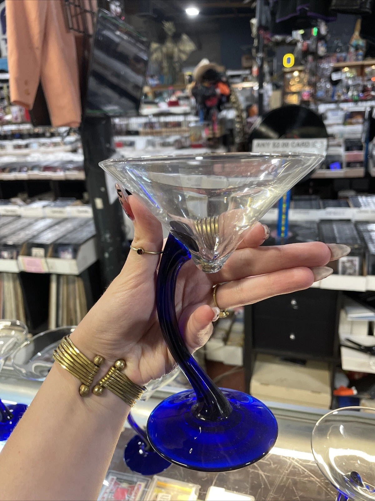 2 Libbey Blown Glass Floating Martini Glasses Cobalt Blue Stem, Startrek