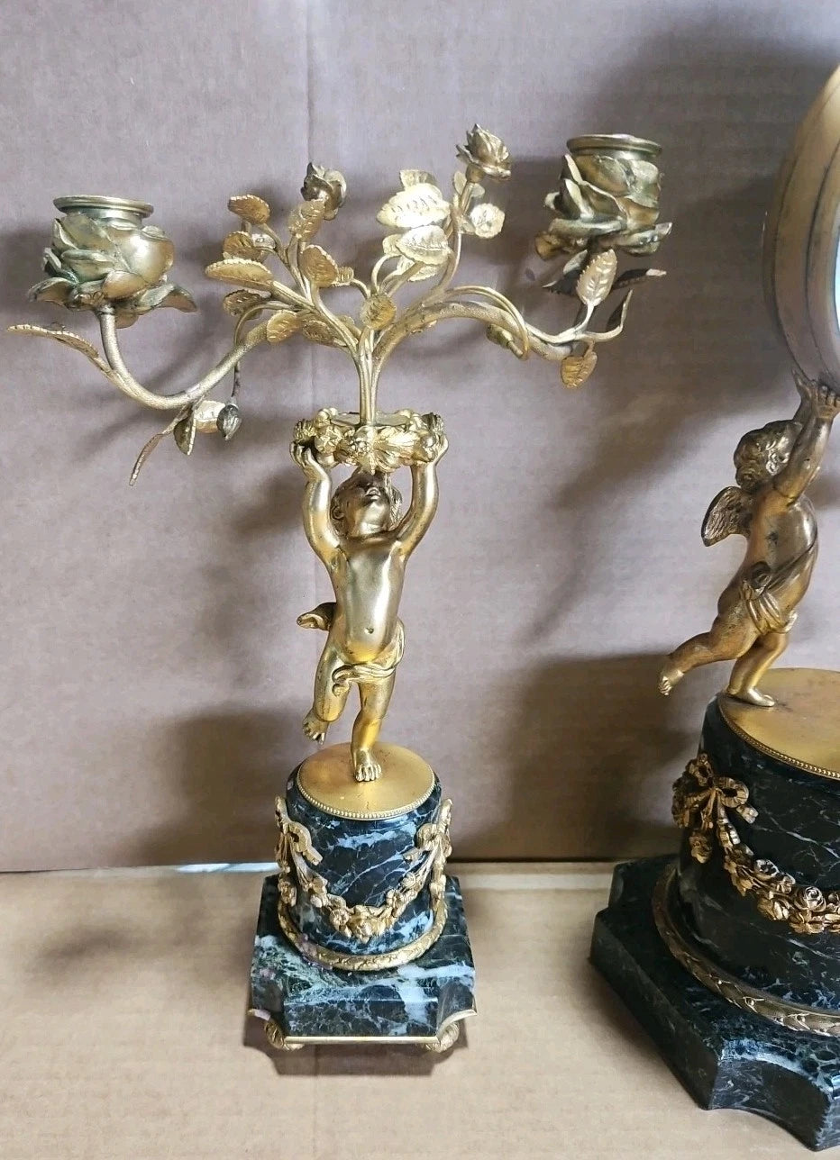 Large Antique Tiffany & Co France French Marble & Bronze Figural Clock
