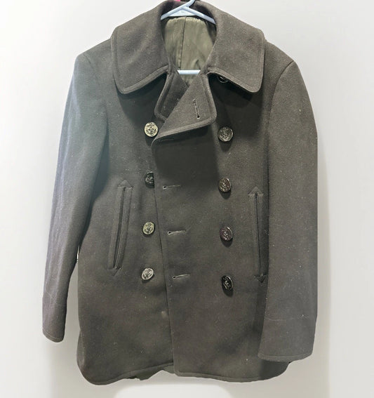 Vintage US Navy 1960s Kersey Peacoat Mens 38R Black Wool Double Breasted Coat