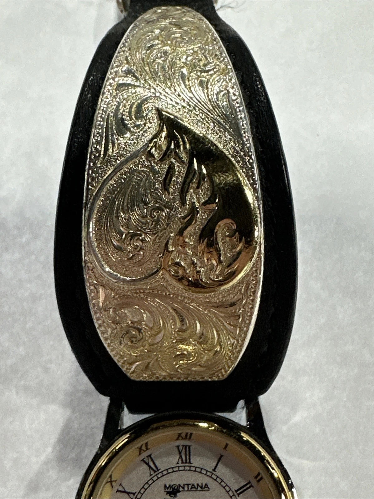 Montana Silversmiths Watch Aztec Silver Gold Black Leather Needs Battery