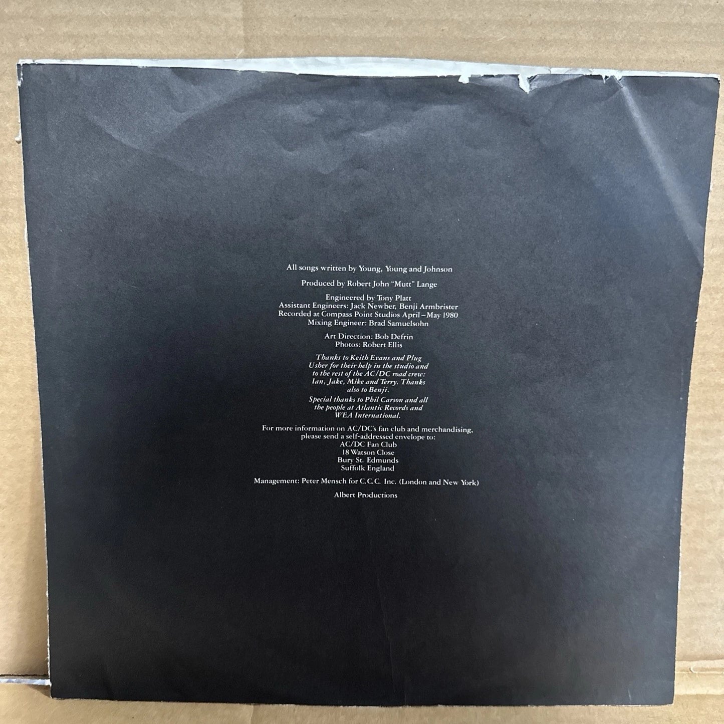 AC/DC Back In Black 1980 1st ATLANTIC SD 16018 Masterdisk RL vg+