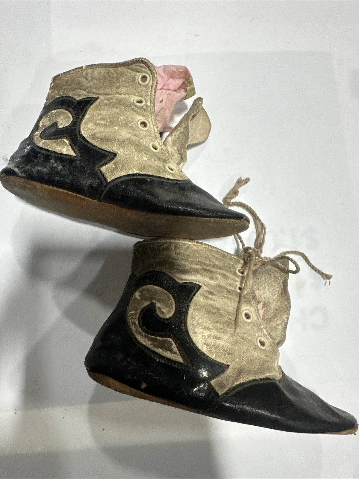 Antique White & Black Baby Toddler Shoes 3 Button Up leather Soles 19th-20th Cen