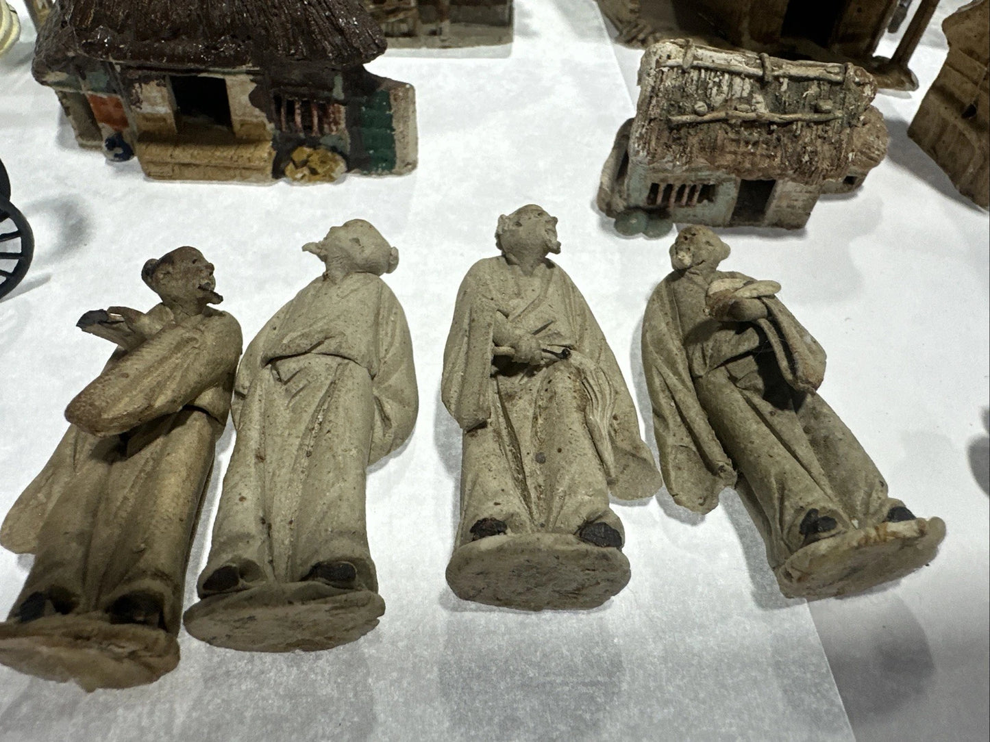 Vintage Clay Metal Miniature Japanese Cottages Figures Lot