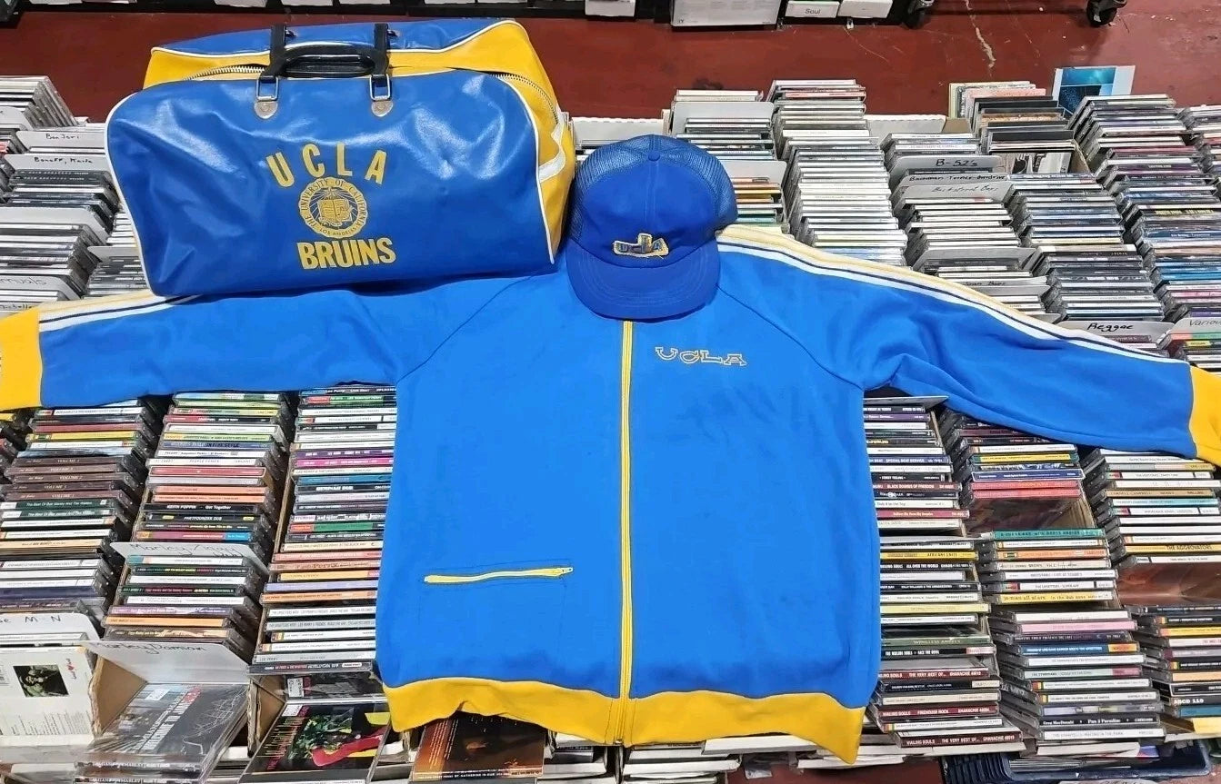 VINTAGE UCLA BRUINS LEATHER BAG WITH JACKET LARGE & HAT RARE
