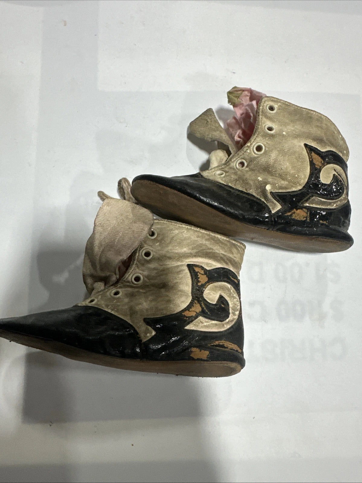 Antique White & Black Baby Toddler Shoes 3 Button Up leather Soles 19th-20th Cen