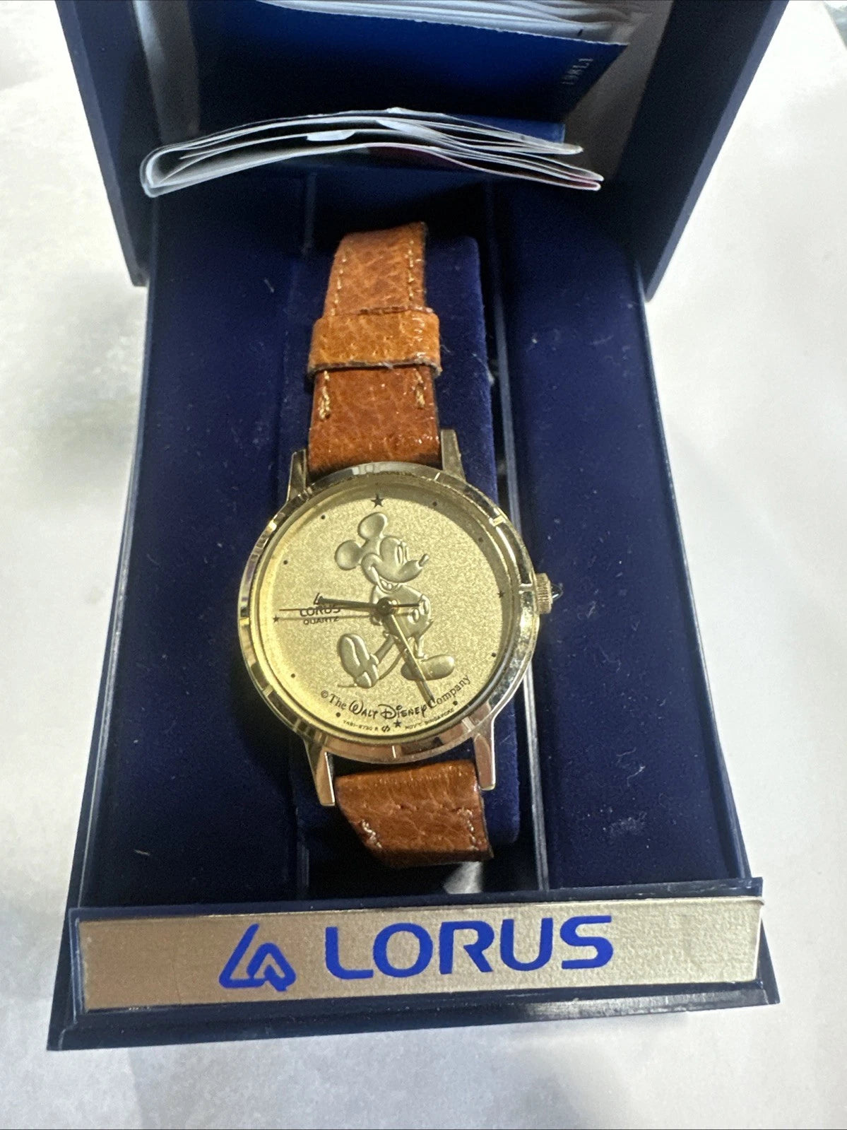 Womens Lorus Leather Strap Gold Face Disney Mickey Mouse Quartz Watch In Box