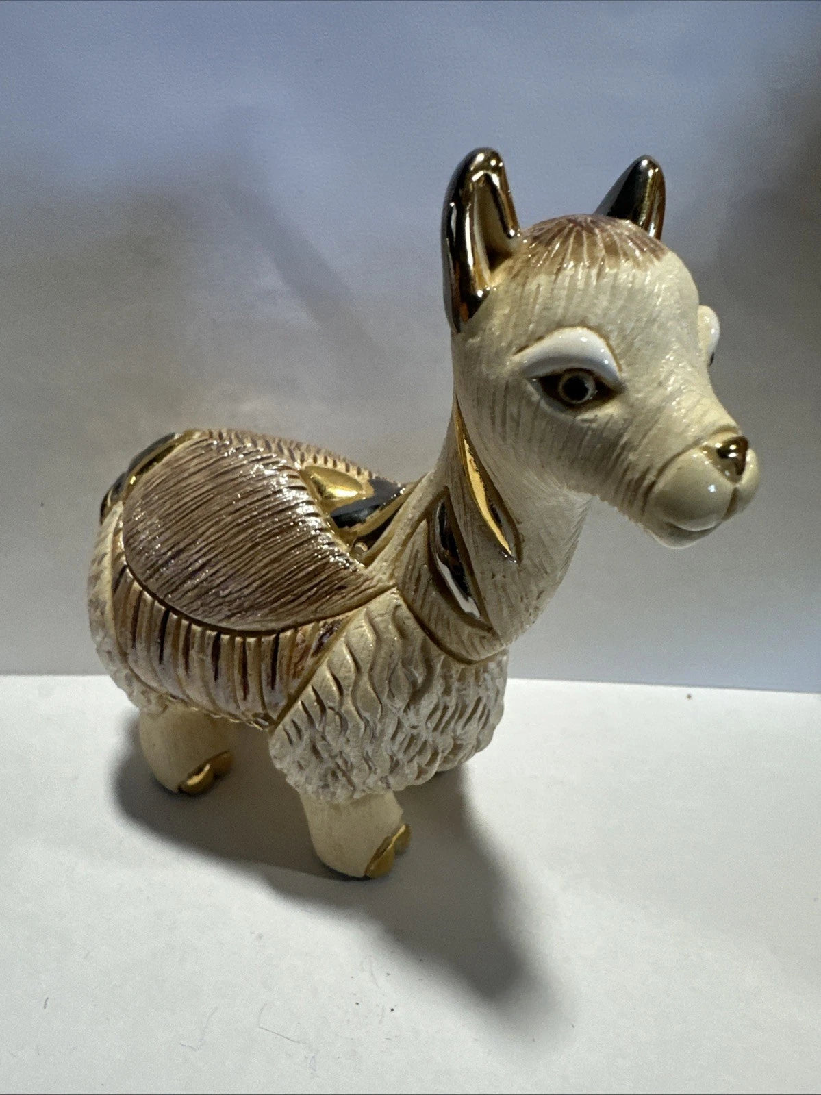 De Rosa Rinconada Pottery Llama Figurine Gold Accents 3 1/2" Tall